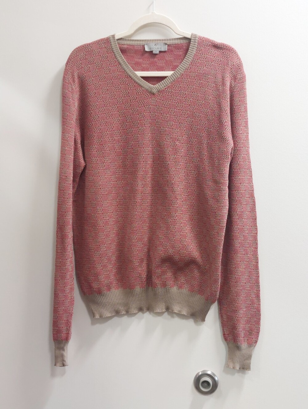 Canali Pink V-Neck Sweater with Beige Trim